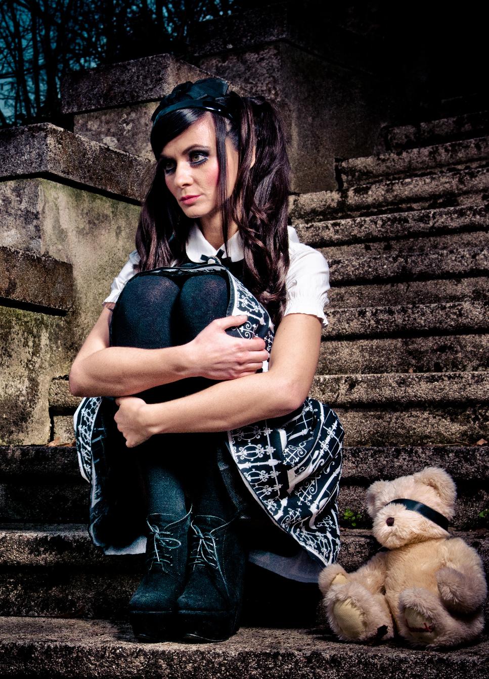 Brunette Gothic Girl wearing Black Opaque Pantyhose and Black and White Dress